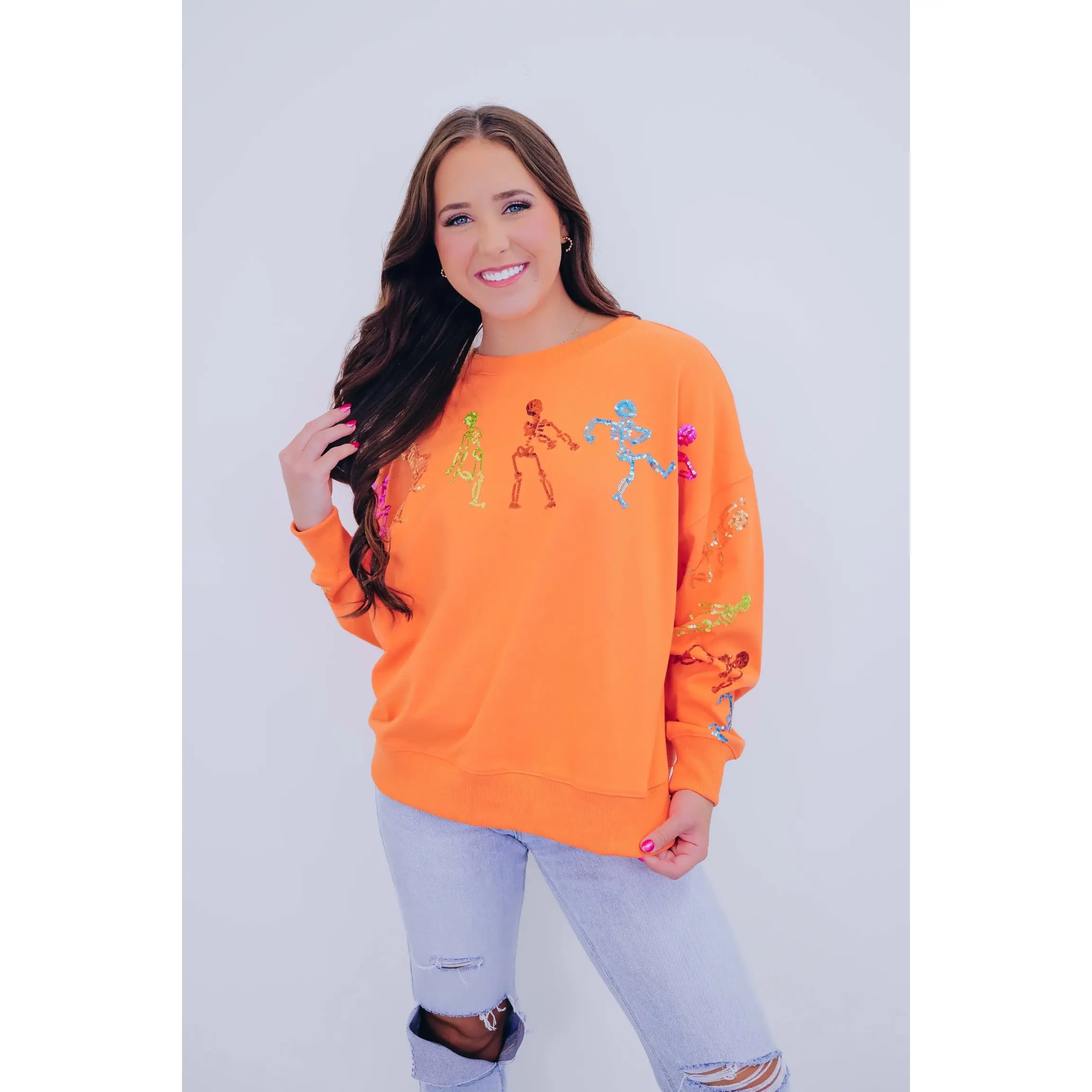 Women's Dancing Skeleton Sequin-Embellished Hoodie Tops - Soft Polyester-Spandex Jersey Fabric, 3 Color Options, Colorful Longsleeves, Ribbed, Knit, Comfortable Casual Fit Sweatshirts