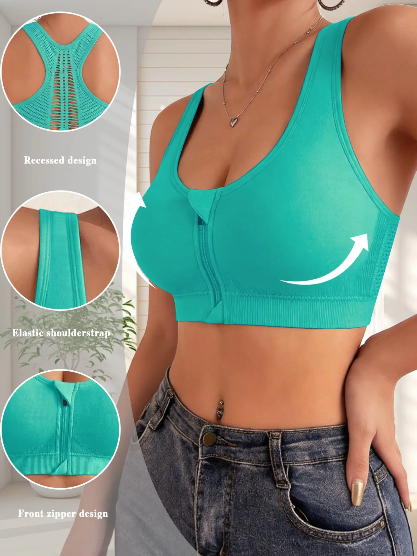 Front Zipper Racerback Sports Bra for Women, Stretchy Breathable Push Up Support Exercise Fitness Bra, Back Smoothing Anti-Sagging Side Fat Reduction, Yoga Gym Workout Daily Wear, Workout Bras, Sporty Breathable Bras