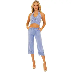 'Dawn' Crochet Hem Capris Blue