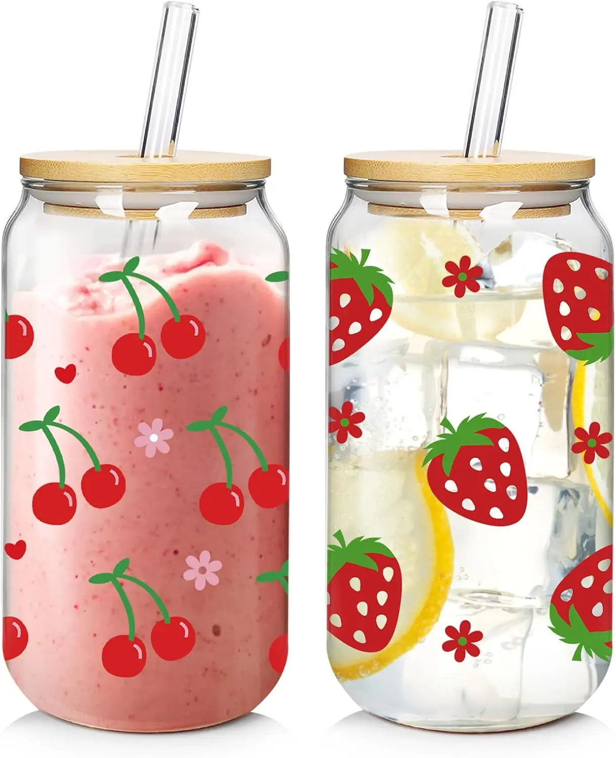 Coquette Cute Glass Cup with Lids and Straws, 2Pack Cherry Strawberry Iced Coffee Cup 18oz Drinking Smoothie Beer Glass Tumbler Valentines Day Gift for Mother Girls Sister Girlfriend