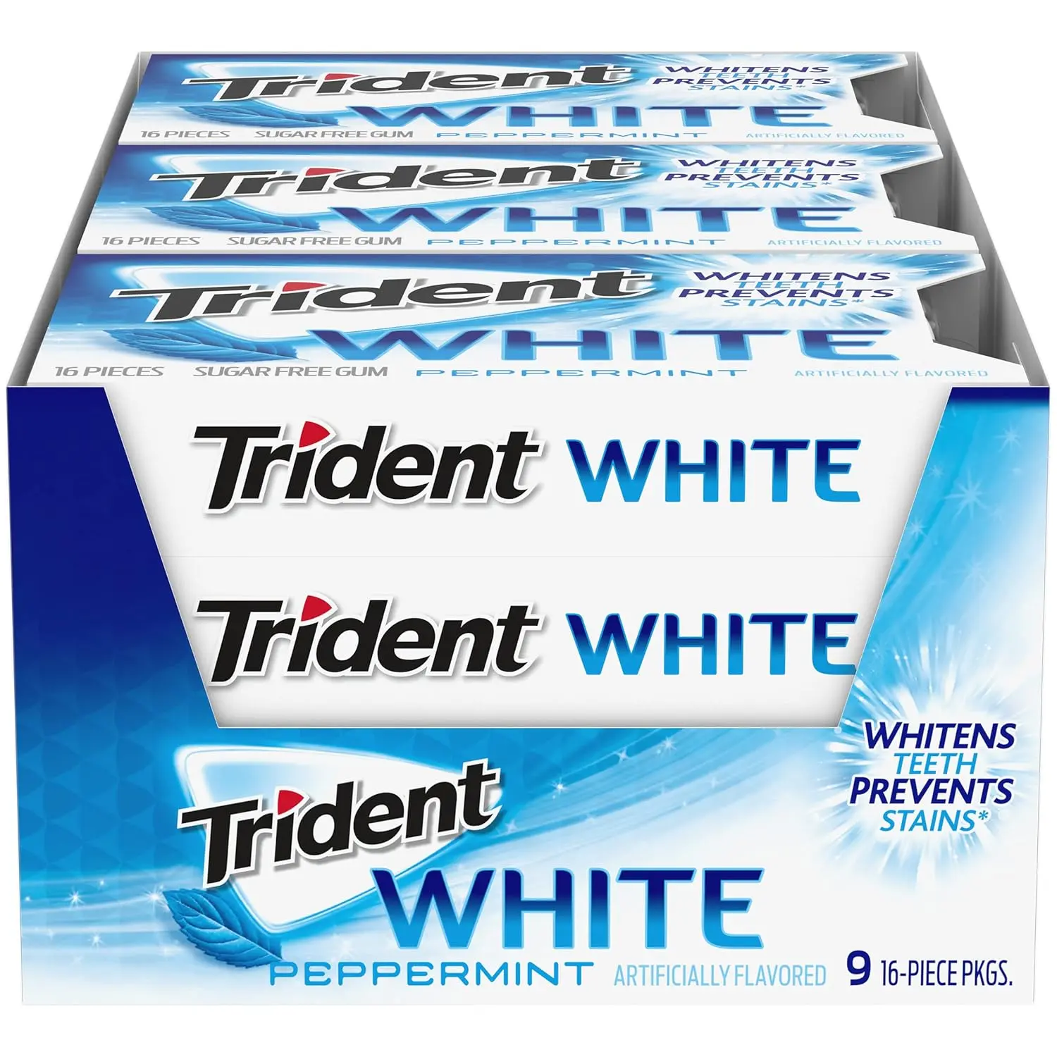Trident White No Added Sugar Peppermint Chewing Gum - 9 Packs (16 Pieces Each, 144 Total Pieces, 11.52 oz), Ambient, Low-Calorie, Mannitol-Containing Snack, Teeth Whitening, All Ages