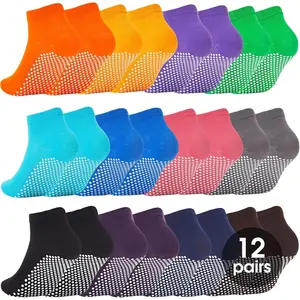 12 Pairs Pilate Grip Socks for Women Anti-Skid Yoga Socks with Grips Hospital Socks Solid Color Bulk Ankle Socks