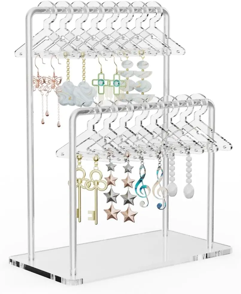 Clear Acrylic Earring Organizer Stand for Home, Store, Exhibition - Mirror-Finish 2-Tiered Display for 48 Pairs, 16 Mini Hangers Holder Tangle-Free Storage Adds Elegance to Jewelry Presentation