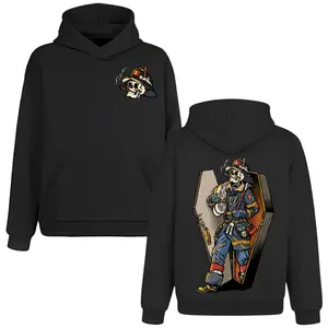 Badass Skeleton Firefighter In Coffin Hoodie, 2 Sides, Smoking Skull Fireman Skeleton Firefighter Hooded Sweatshirt, Dark Humor Fire Rescue Skeleton Firefighter Pullover