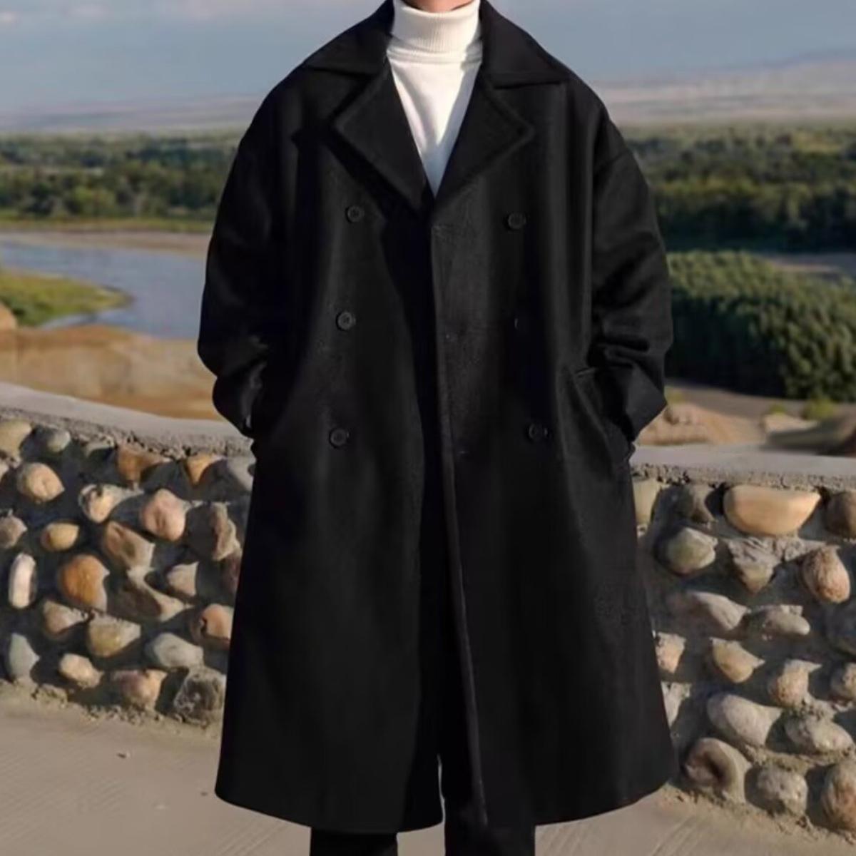 Men's Solid Button Front Lapel Neck Midi Coat, Regular Fit Casual Long Sleeve Outerwear for Fall & Winter, Men's Clothes for Daily Wear, Menswear, Jackets, Tops, Trench, Gamis, Plain