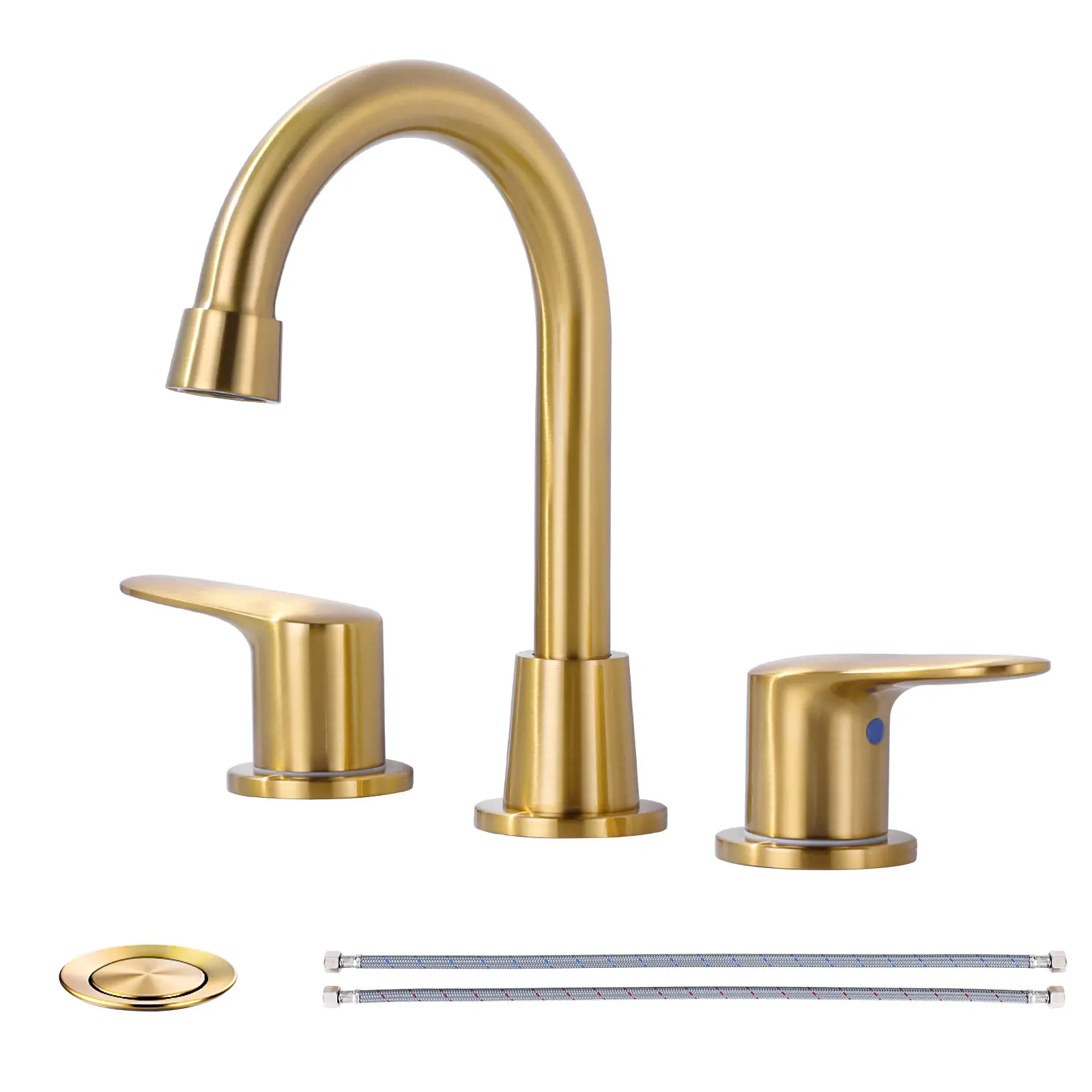 WOWOW Modern Gold Brass 2-Handle 3-Hole Widespread Bathroom Faucet - Hot & Cold Metal Lavatory Tap with Swivel Spout, Copper Popup Drain Assembly, Quick Connection Kit for Apartments, Industrial Styles, Apartment