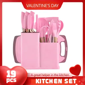 SpringBreak Kitchen Knife Set with Heat-Resistant Silicone Cutlery & Wooden Handles - Includes Chef Knife, Easy to Clean - Ideal Gift for Women on New Year, Valentine's Day and More Cookware Pink Utensils Cooking pots pans set Modern Home Grey Nonstick