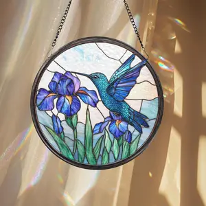 Blue Hummingbird Iris Flower Window Suncatcher, Botanical Garden Hanging Decor