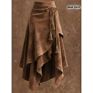 Vintage Western Style Irregular Midi Skirt with Tie-Waist and Tassel Decoration--ZLLZ