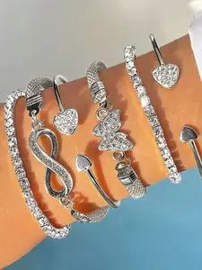 6pcs Luxury Fashion Minimalist Rhinestone Butterfly, Heart, Infinity Symbol Multi-Layer Stackable Bangle Bracelet Set, Elegant Accessories For Women