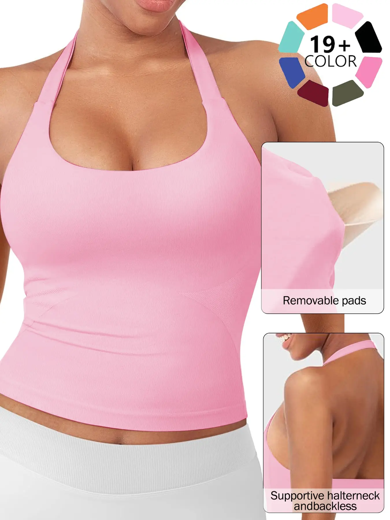 Women's Solid Removable Chest Pad Sports Tank Top, Comfort and Durability Halter Neck Sports Top for Yoga Gym Workout, Ladies Sportswear for All Seasons, Backless Sports Vest, Activewear Clothes