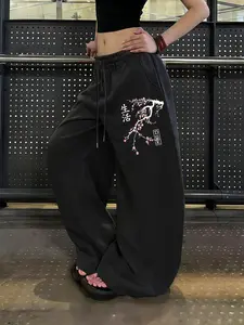 Japanese Oriental Aesthetic Floral Cherry Blossom Life Pattern Printed Black Trousers, Casual Sports Straight-Leg Pants, Elastic Waist Drawstring Adjustable Wide-Leg Trousers for Women, Four-Season Women's Pants