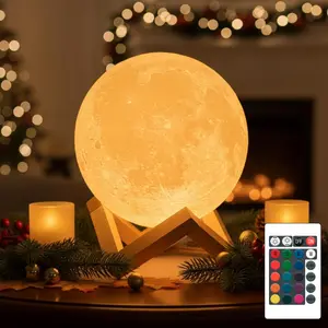 Large Moon Lamp 6.3" Touch-Dimmable Wooden Base Rechargeable Dual Color Night Light for Bedroom Home Thanksgiving Christmas Table Décor Gifts for Women Mom