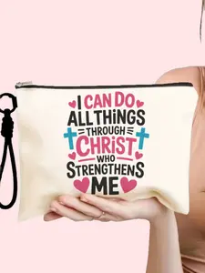 Cosmetic Travel Bag Set, Canvas Makeup Pouch with Detachable Wrist Strap, Large Capacity, Christian Inspirational Quotes, Ideal Gift
