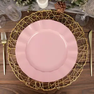 10-Pack Plastic 11" Round Dinner Plates in Dusty Rose Ruffled Rim with Gold Edging - Sturdy Disposable Dinnerware