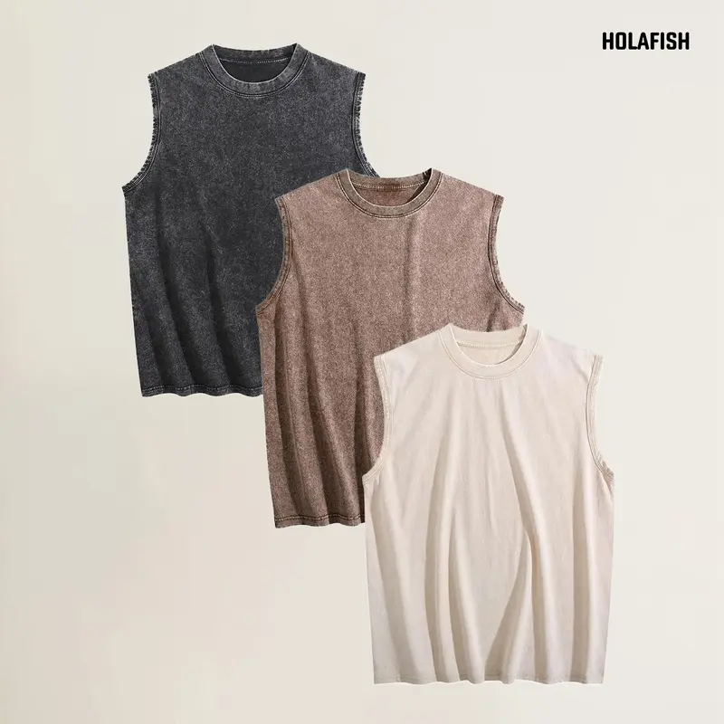 Holafish Women's 3-Pcs Acid Washed Oversized Cotton Tank Top Set, Sleeveless Basic Comfortable Sporty Style Tees, Soft Breathable Lightweight for Gym & Street Style Summervibes