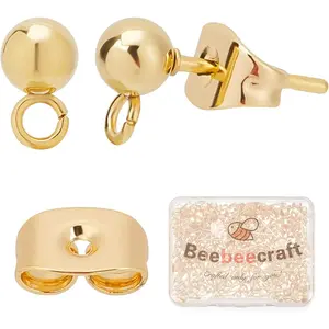 Beebeecraft 100PCS 24K Gold Plated Earring Studs with Loop Ball Post Earring Findings with 100Pcs Butterfly Ear Back for DIY Jewelry Dangle Earring Making(15x7mm, Ball: 4mm)