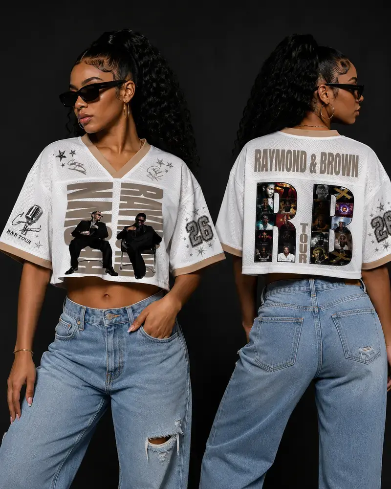 RnB Raymond Brown White Mesh V-Neck Crop Top, Vintage Graphic Short Sleeve Football Jersey, Hip Hop Concert Outfits Streetwear Women