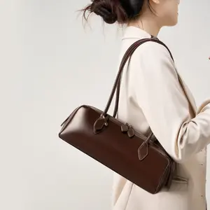 Women's 2025 New Niche Design Leather Shoulder Bag Large Capacity Cowhide Underarm Bag Long Red Baguette Bag daily match loved  leather
