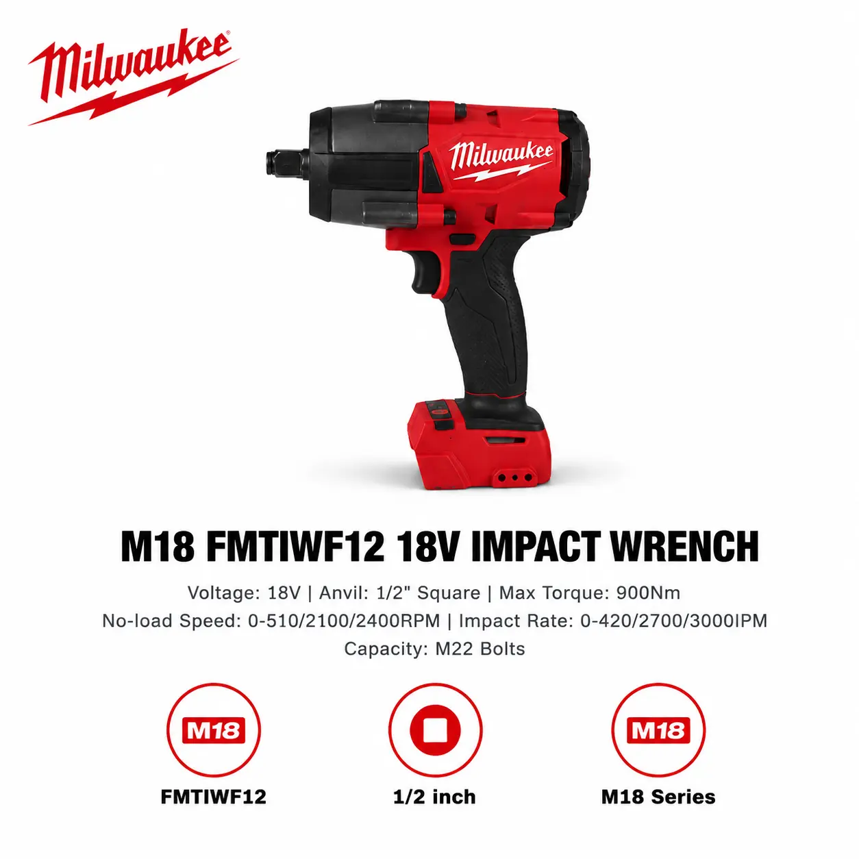 Milwaukee M18 FMTIWF12 Brushless Cordless Impact Wrench - 1/2-in Square Drive, 1000 Nm High Torque, 2 Variable No-Load Speeds, 4 Adjustable Impact Modes for Automotive Repair, Industrial Maintenance, Large Equipment Assembly
