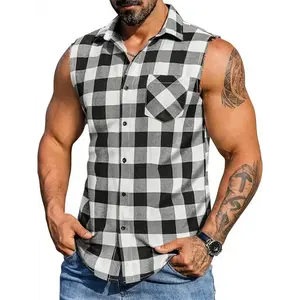 Men’s Stylish Summer Plaid Sleeveless Shirt with Flannel Collar – Casual streetwear, perfect for beach vacations and casual wear, machine washable, red and black checkered design