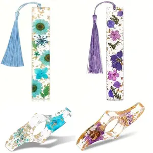 Flower Pattern Bookmark with Tassel Set, 2 Set/4 Counts Blue & Purple Acrylic Book Page Holder, Transparent Page Holder, Perfect Gift, Book Accessories