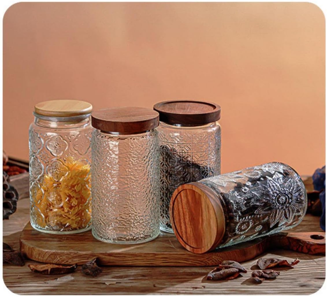 Glass Jar with Airtight Bamboo Lid, 35oz Vintage Glass Kitchen Storage Counter Sealed Jar, Decorative Glass Food Storage Containers for Candy, Flour, Oats, Coffee Bean-new