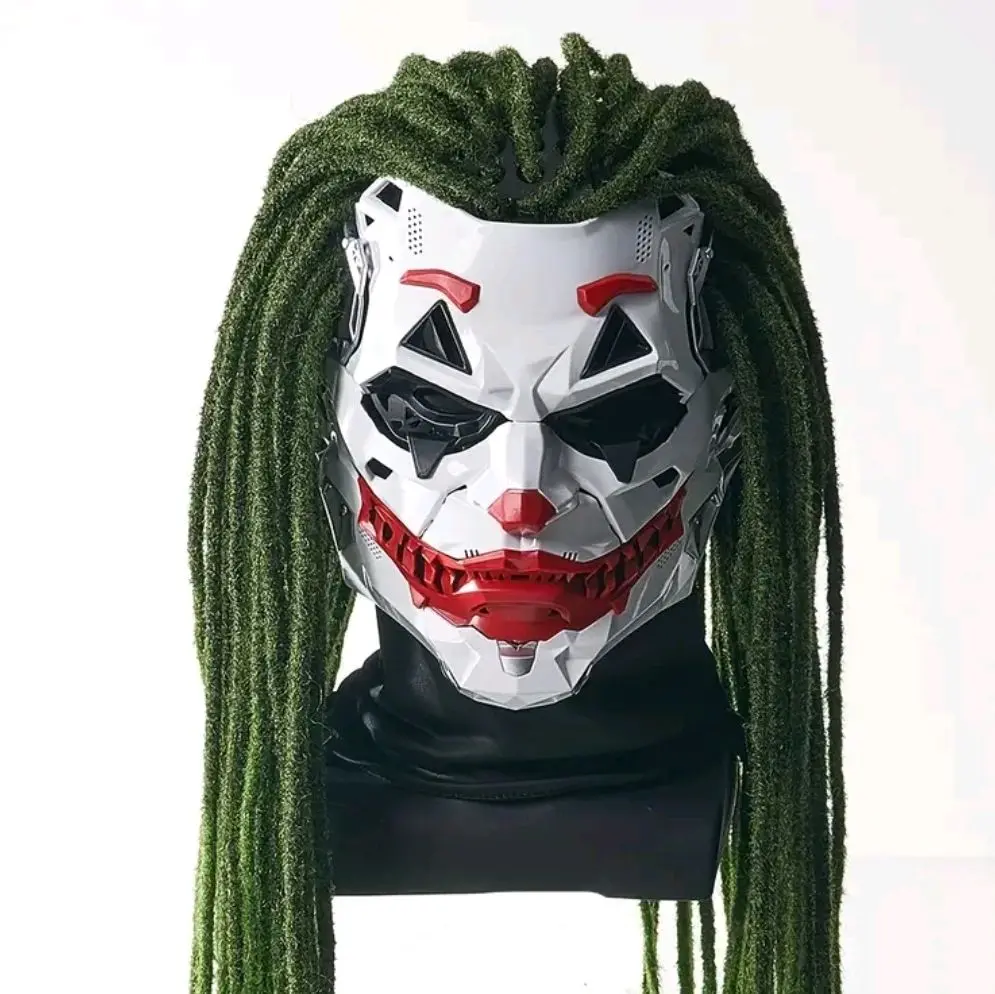 Máscara de plástico de cara completa de payaso Cyberpunk con peluca de rastas verdes, detalles rojos atrevidos, contornos faciales dramáticos, ventilación, correa ajustable segura, cómoda cubierta rígida geométrica mecánica, accesorio de disfraz de fiesta