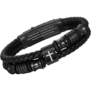 Christian Black Leather Bracelet for Men - Double-Row Braided Leather Faith  Bracelets for Mens   Religious Baptism Easter Gifts for Young Men Teenage,Adjustable Wristband