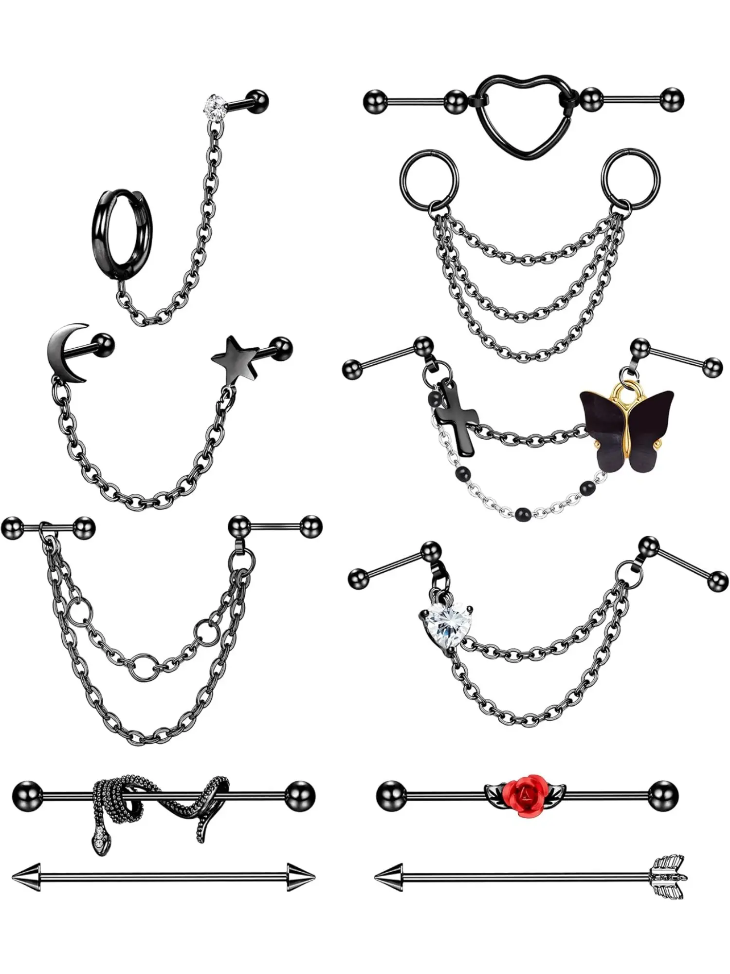 11 Pcs Black Body Piercing Jewelry, Piercing Jewelry Collection for Women Men Stainless Steel Alloy Barbells Chain Styles Star Moon Ornaments Classic Hoop Earrings for Helix Tragus Cartilage Daith Rook Conch Ear Piercings