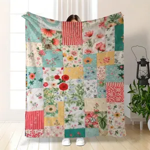 Vibrant Floral Patchwork Quilt Blanket with Colorful Floral Motifs