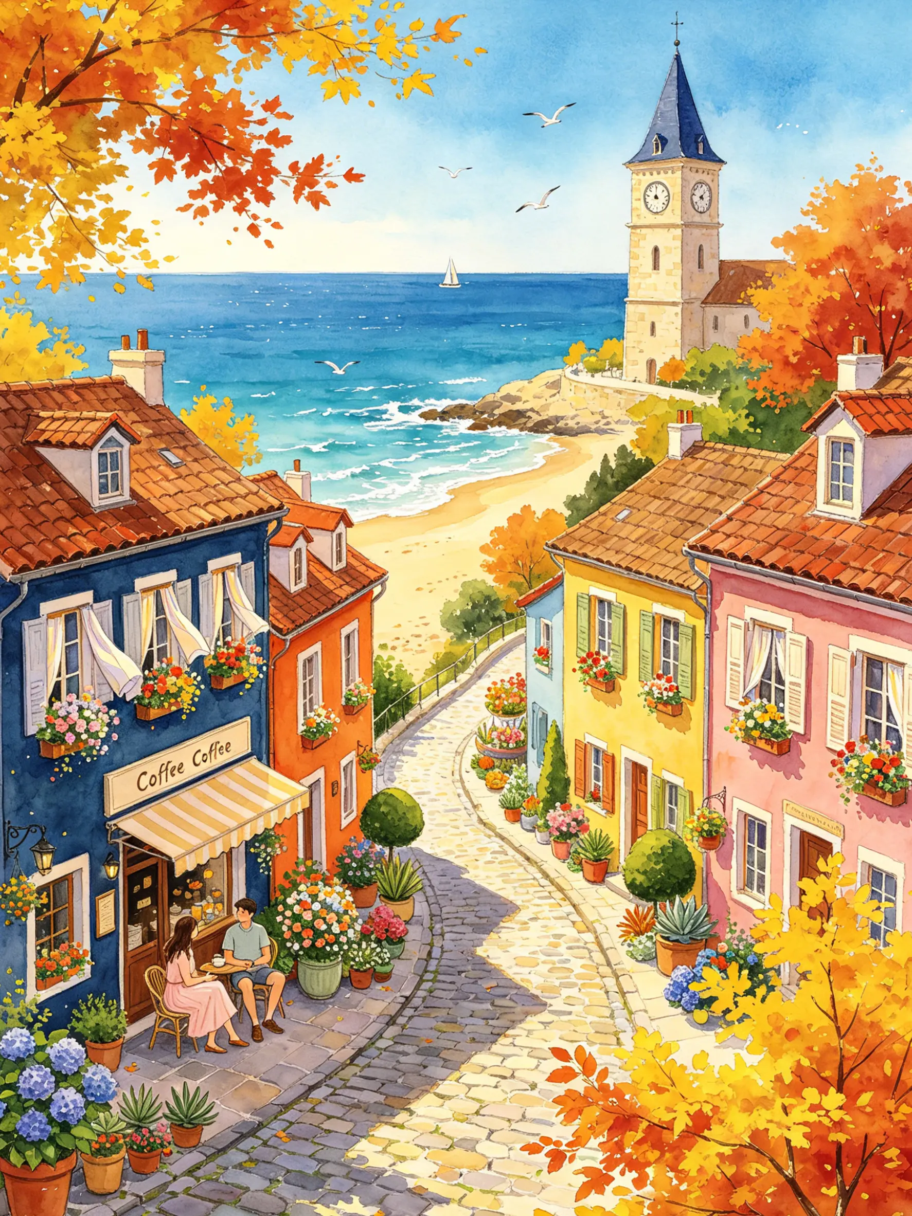 1000 Piece Jigsaw Puzzle for Adults | Premium Thick Cardboard | Challenging & Relaxing Family Game | Beautiful Home Decor & Gift | European Seaside Town | Fall Watercolor Scenery