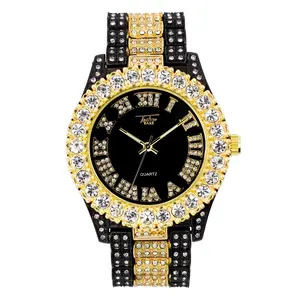 Men Luxury Hip Hop Cubic Zirconia Bling Iced Two Tone Gold Plated Alloy Wrist Watch Analog Luxury Casual