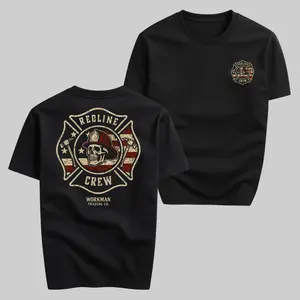 Redline Crew Skull Firefighter Maltese Cross Graphic T-Shirt Black Worked to Death Workman Brand Vintage Distressed American Flag Fireman Hardcore Crew Streetwear Unisex Tee Bold Back Print for Men Women