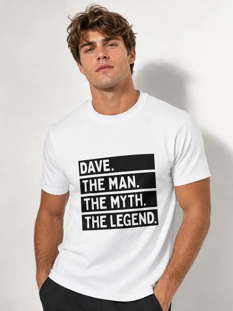 Men's Casual Short-Sleeve Round Neck Graphic T-Shirt - Funny Personalized "Dave The Man The Myth The Legend" Menswear Gift Top, Cold Wash Compatible # y2k casual streetwear