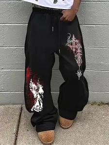 Men's Cross Pattern Print Sport Pants, Drawstring Waist Athleisure, Waist Drawstring Design, Regular Fit, Casual Comfort for All Seasons, Graphic Letter Style