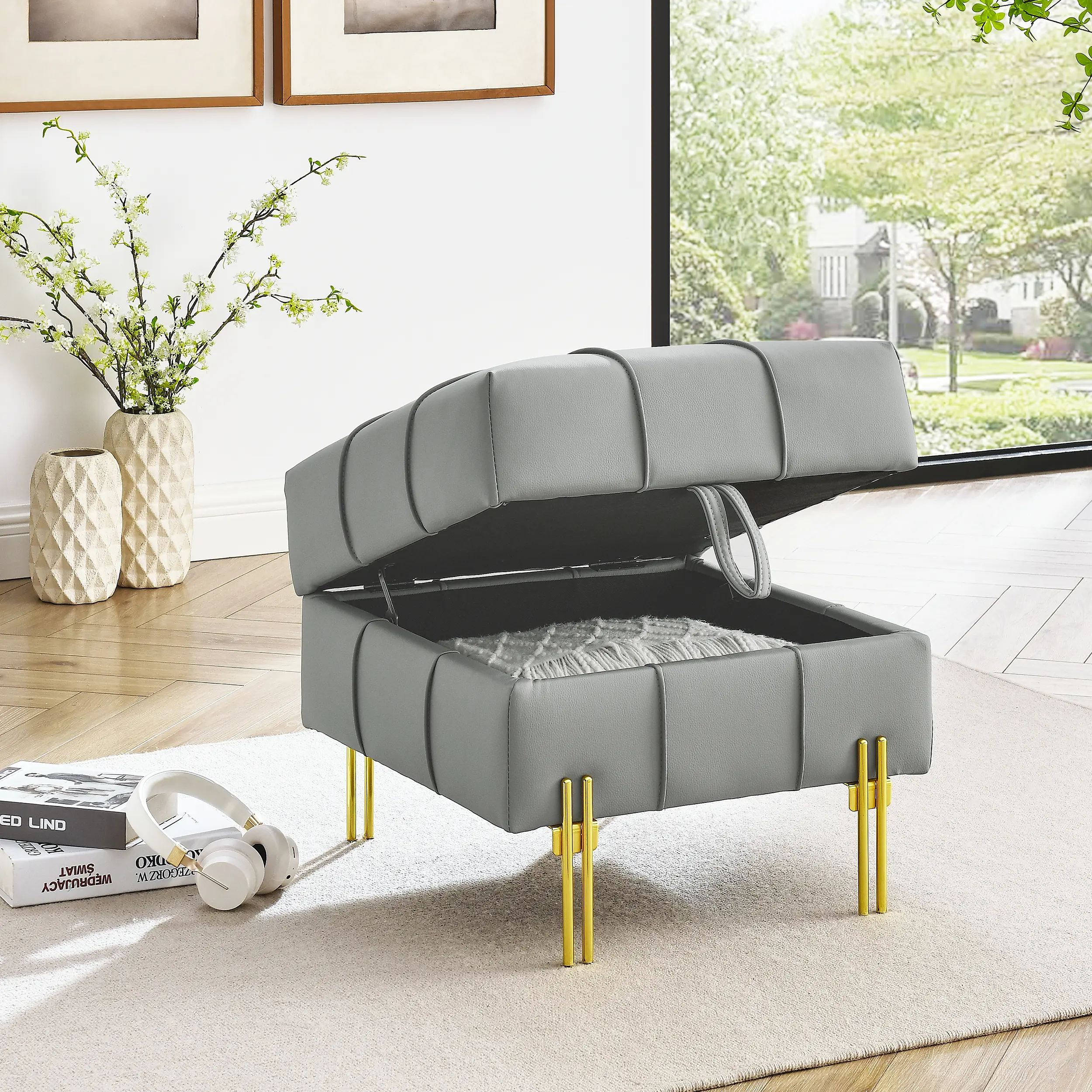 SAVEYOUR 22-in Tufted Leather Cover Ottoman Bench - Anti-Scratch Pet-Friendly Indoor Furniture, Stainless Steel Legs, Gray Multi-Purpose Footstool with Storage, Ottoman-Style