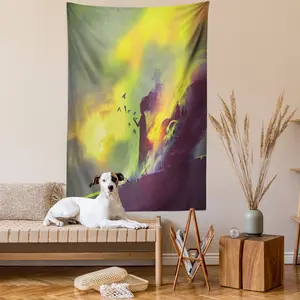Fantasy Tapestry, Silhouette on the Roof of a House Night Different Worlds Modern Art Illustration, Wall Hanging for Bedroom Living Room Dorm Decor, 60" X 80", Yellow Green