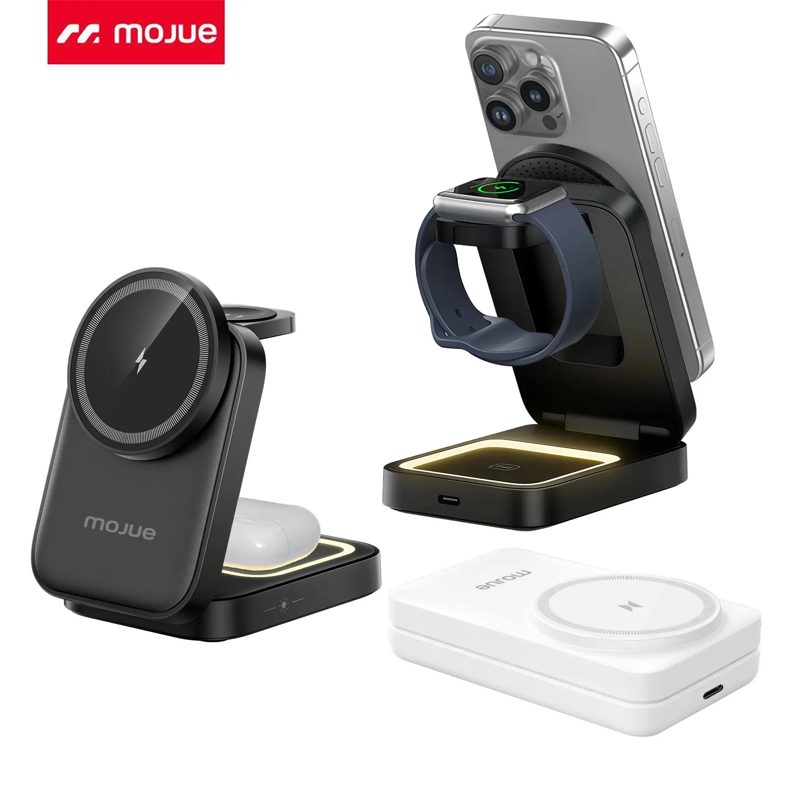 MOJUE 3-in-1 Foldable Wireless Dock Charger - Travel-Ready MagSafe Fit Foldable Stand with PD20W Fast Charge, Compatible with iPhone 17/16/15/14/13/12, Samsung, Smart Watches & Wireless Earbuds, Ideal for On-the-Go