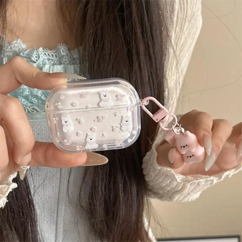 Simple and transparent strawberry floral white puppy headphone protective case with pink pendant for AirPods 1 2 3 4 Pro Pro2 Protection Cover Headphone Accessories