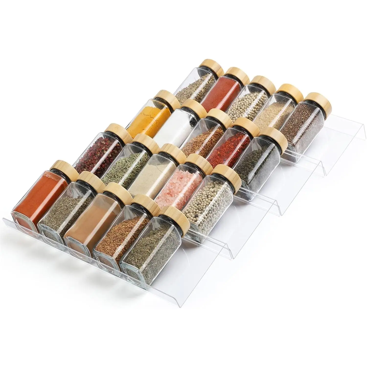 Spice Drawer Organizer 4 Tier, Acrylic Seasoning Organizer Rack, Clear Spice Rack Tray, Kitchen Seasoning Jars Drawers Insert (Jars Not Included/Expandable From 9" to 18")