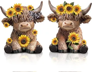 2-Piece Resin Sunflower Highland Cow Figurines Set, Farmhouse Home Decor Statues, Cute Desk Shelf Mantel Gift for Kitchen Office Garden independence day