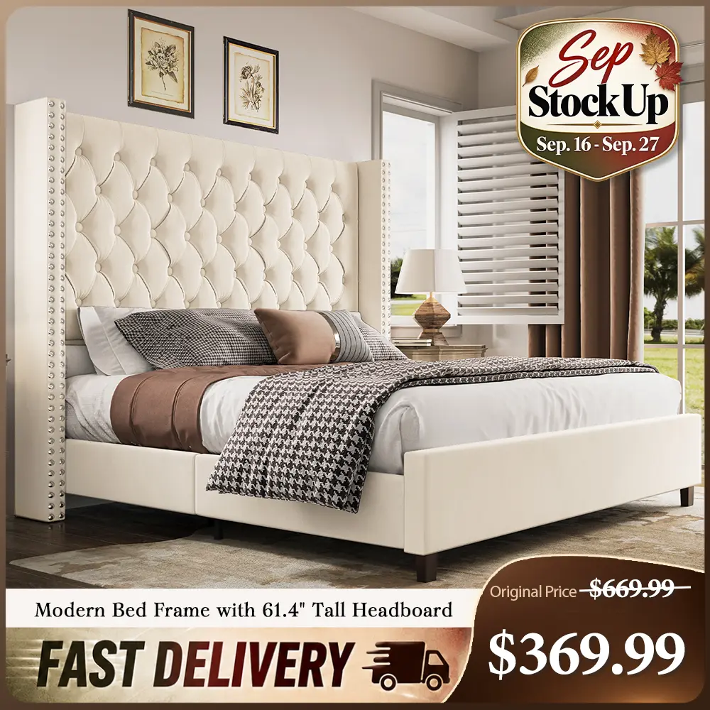 [TiktokShopStockUp] AMERLIFE 61.4" Tall Bed Frame, Modern Upholstered Bed, Wingback Headboard, Velvet Tufted Handcrafted Pleat Deep Button/Comfort Luxury Design/Interior Wood Slats/No Box Spring Needed, Queen/King Size/Christmas Gifts