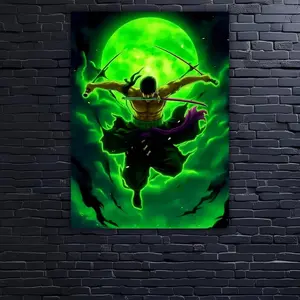 [Sale off up to 50%] [No frame, Free Ship] Zoro Three Sword Style Metal Wall Art: One Piece Anime, Green Moon Aura