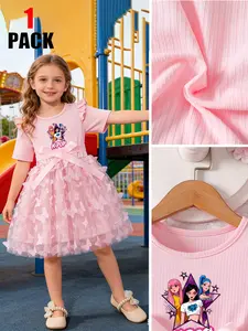 Girls' Fashion Sweet Cool K-Pop Princess Dress, 3D Butterfly Mesh Puff Skirt, Stage Performance Birthday Gown, Elegant Kids Costume