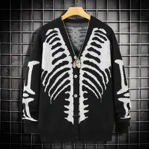 Unisex Trendy Skeleton Print Button Front Cardigan Soft Comfortable Drop Shoulder Long Sleeve V Neck Regular Fit Fall & Winter Halloween Festive Daily Wear Outdoor Knitwear Tops Womenswear Vneck Black And White FallFreshness