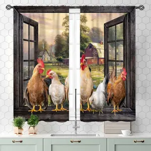 Rooster Kitchen Curtains, Farmhouse Country Farm Animal Rural Rustic Chicken Pattern Printed Blackout Small Short Window Drapery Treatments For Bedroom Living Room Dining Room 2 Panels ruffle boho cortina doble forro space