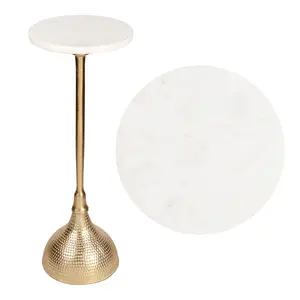 Ava 23.75" Art Deco Contemporary Metal Pedestal Drink Table and Decorative End Table with White Marble Round Top and Hammered Base