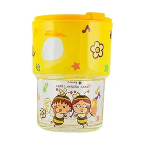 KAWASIMAYA Cute Cherry Maruko Glass Straw Cup 420ml Heat Resistant Yellow Cartoon Drinkware