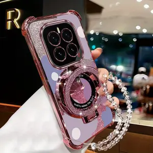 Honor GT Pro Fashion Series Pearl Strap Lanyard Phone Holder Case For Compatible With Huawei Honor Gt Pro Transparent Magnetic Glitter Cover and Elegant Large Purple Flowers Protector Cases